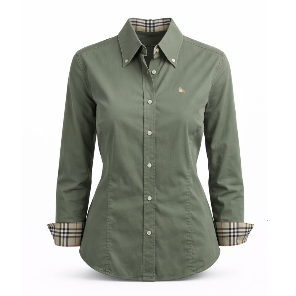 Burberry Army Green Button Down Shirt with Nova Check Trim - Picture 8 of 16
